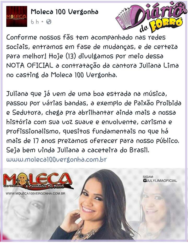 Juliana Lima – Moleca 100 Vergonha contrata nova cantora