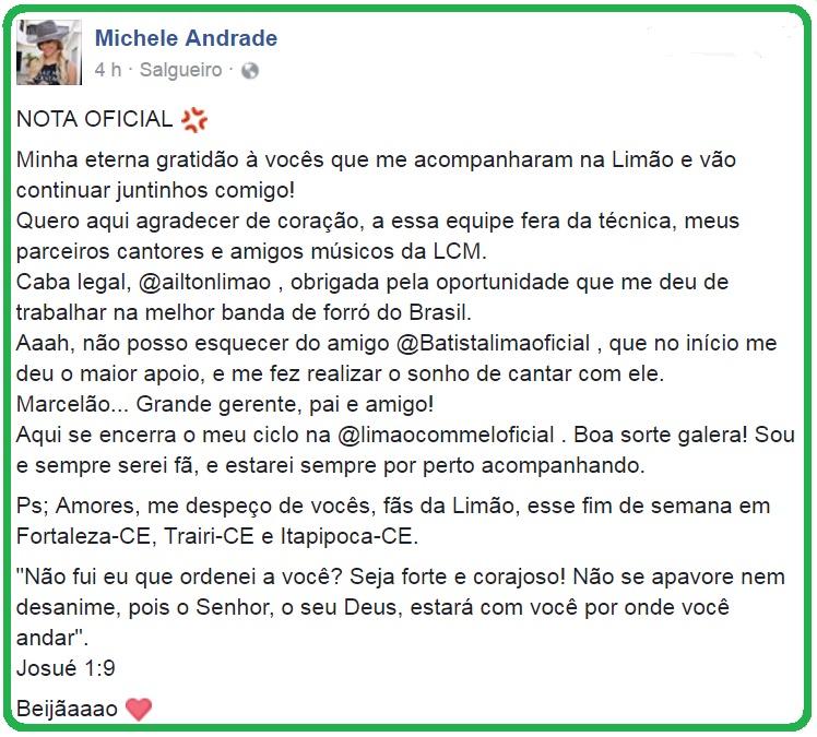Michele Andrade anuncia o seu desligamento do Forró Limão com Mel