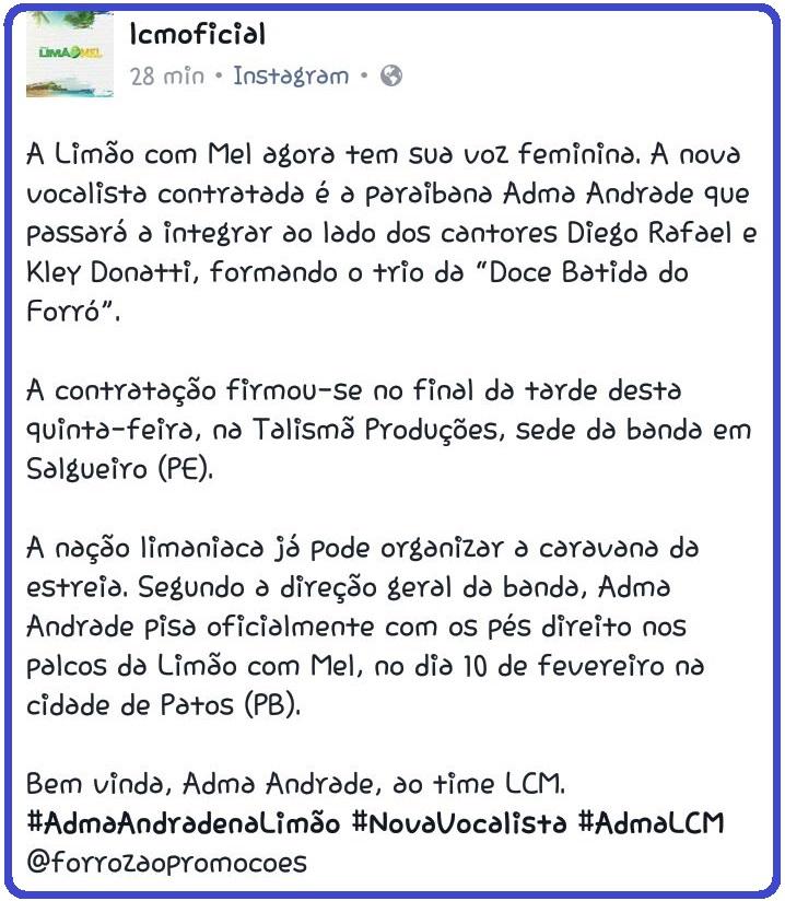 Adma Andrade é a nova contratada do Forró Limão com Mel