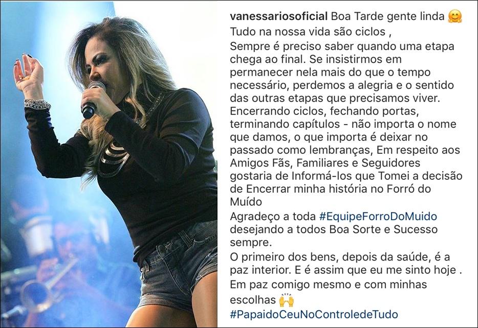 Vanessa Rios anuncia saída do Forró do Muído