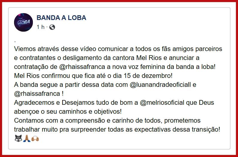 Banda A Loba anuncia nova contratada após desligamento de Mel Rios