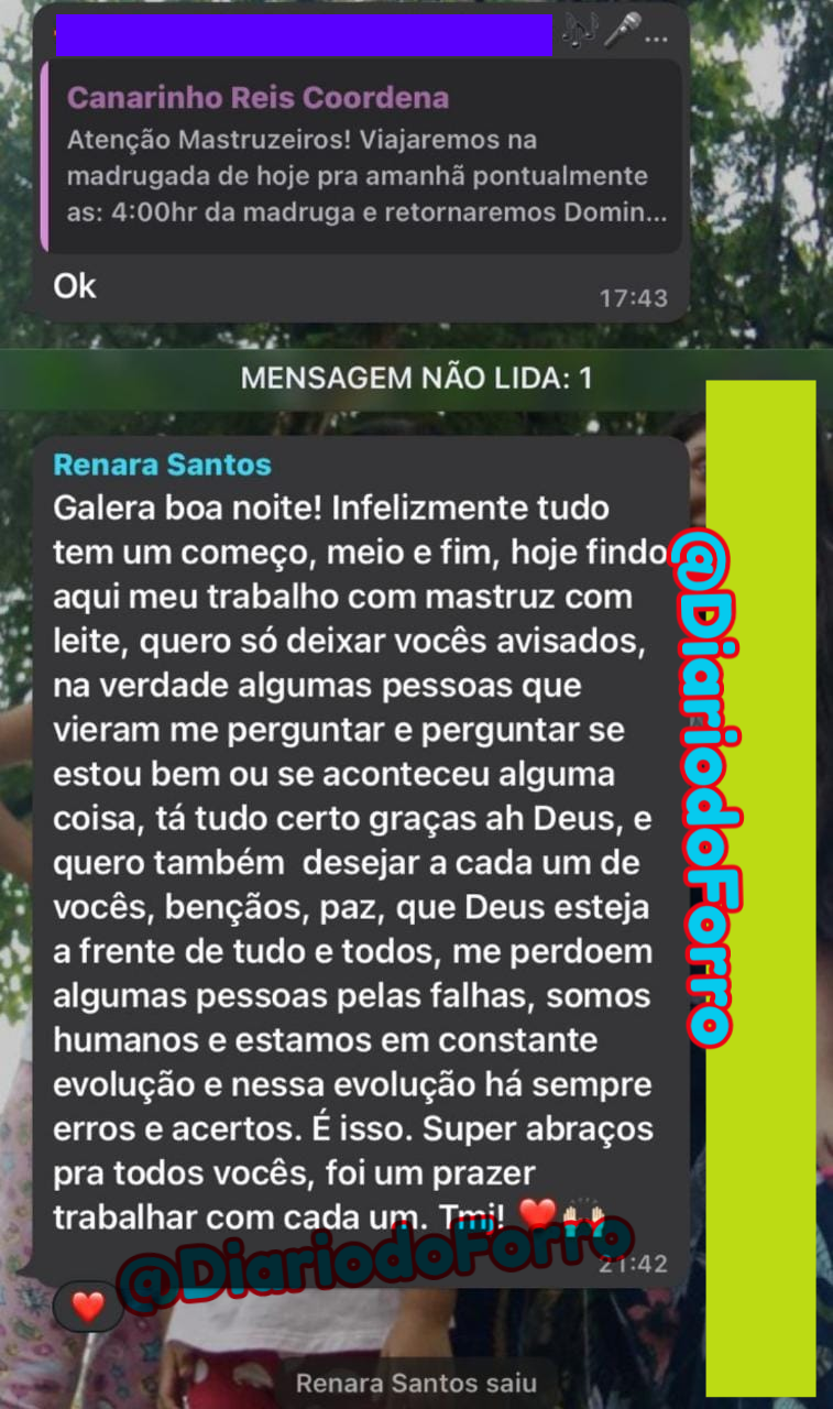 Renara Santos anuncia em grupo do Whatsapp o seu desligamento do Forró Mastruz com Leite